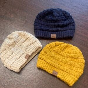 C.C Beanie Trio in Dark Blue, Beige, and Mustard Yellow